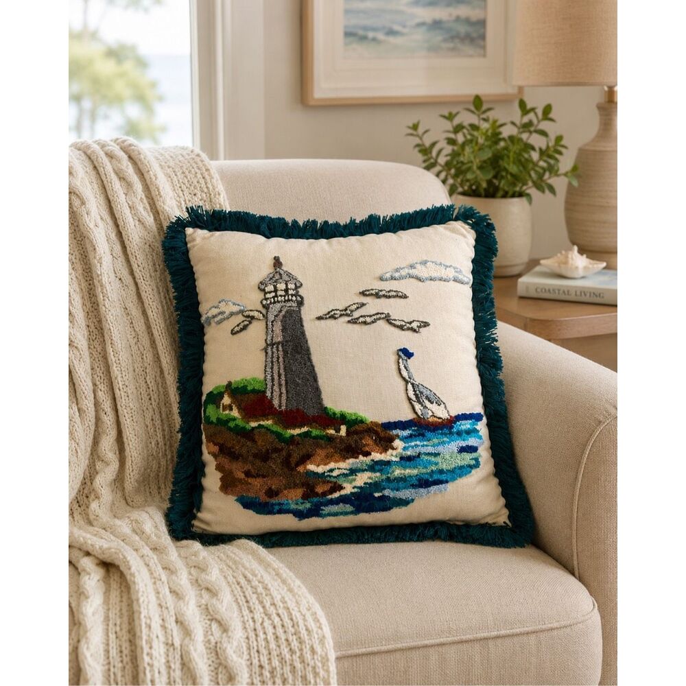 Lighthouse Sailboat Needlepoint Fringed Throw Pillow 16x16 Coastal Decor Vtge